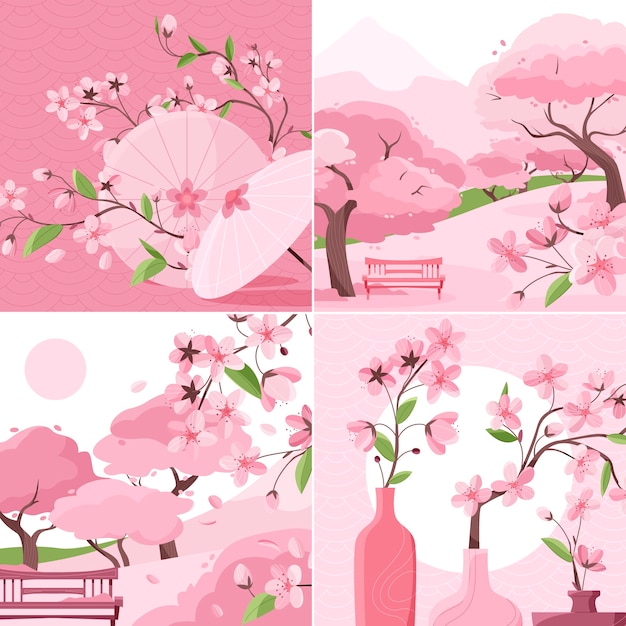 Vector hand drawn sakura tree composition set