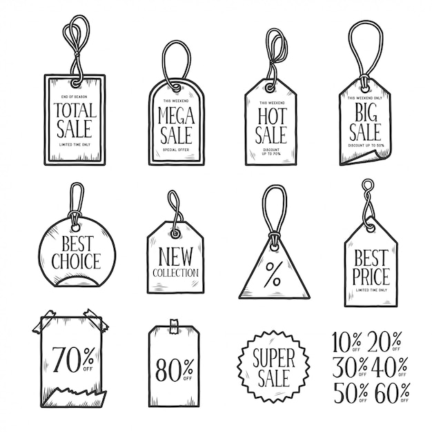 Vector hand drawn sales tags doodle set. vector vintage illustration.