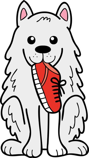 Hand drawn samoyed dog holding shoes illustration in doodle style