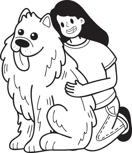 Hand Drawn Samoyed Dog hugged by owner illustration in doodle style