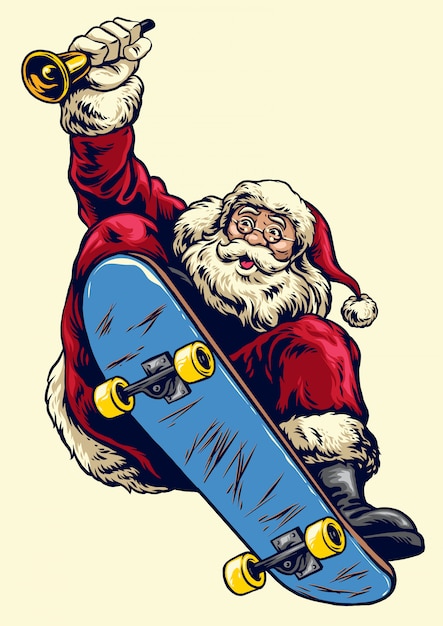 Vector hand drawn santa claus riding skateboard