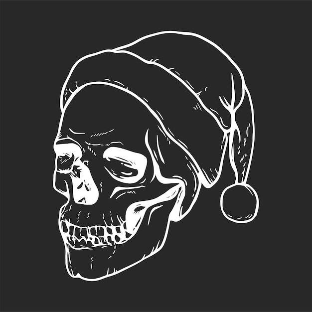 Hand drawn Santa Claus skull Line art drawing on black background