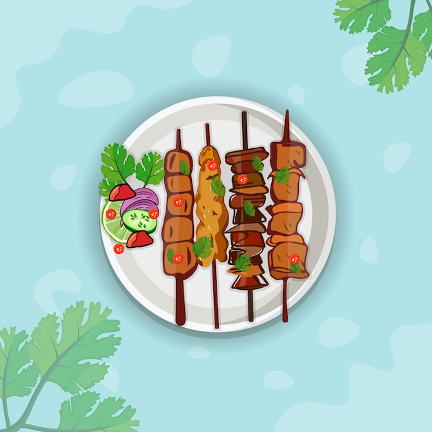 Vector hand drawn satay illustration, watercolor background asian food design, premium vector.