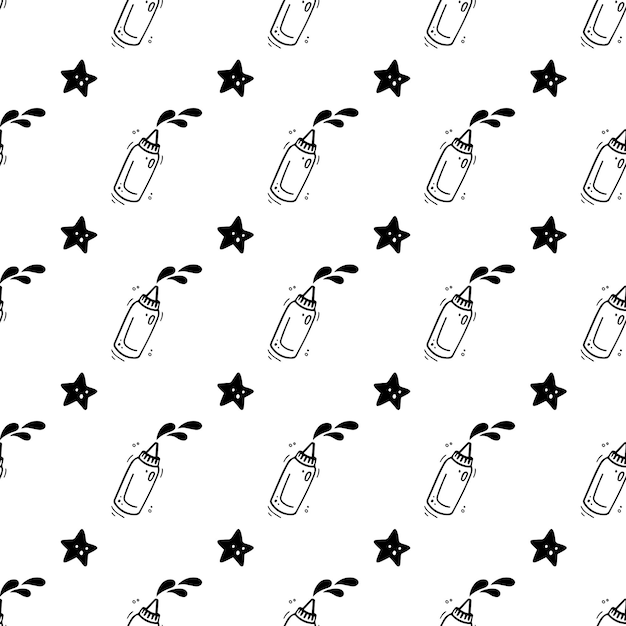 Hand drawn sauce bottle bottle of milk seamless pattern Comic doodle sketch style Vector Fast food illustration