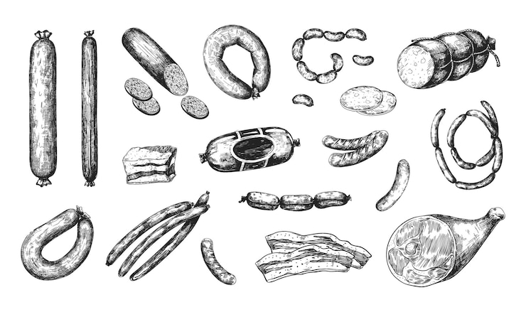 Vector hand drawn sausage engraved meat food isolated jamon and bacon pork bologna chorizo or mortadella ham and salami slices butchery products set tasty meal vector delicious snacks
