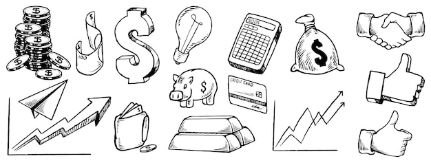 Hand drawn saving money set finance payments banks cash doodle icon concept of a component that is geared towards success of business financial or in your life vector illustrations