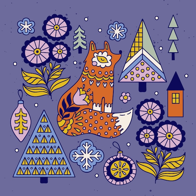 Hand drawn scandinavian christmas elements collection