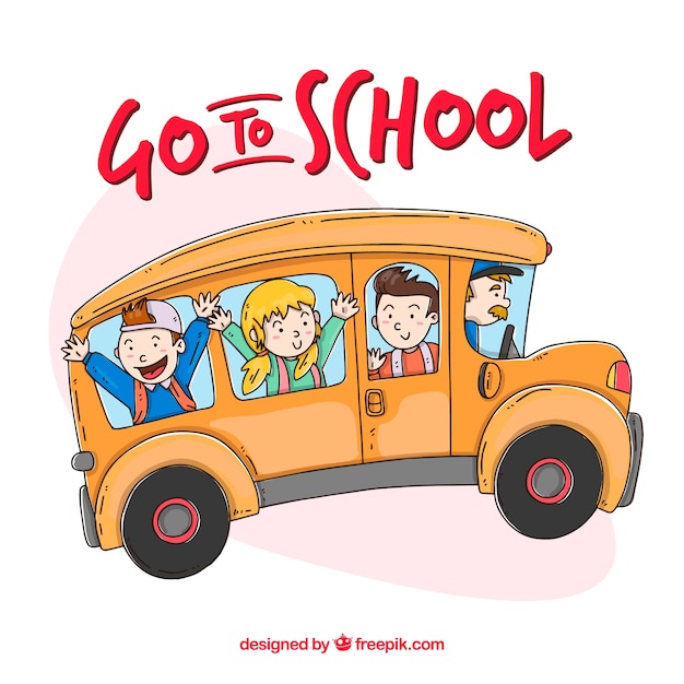 Hand drawn school bus with children