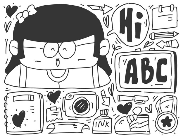 Disegno di kawaii del fumetto di doodle disegnato a mano della scuola