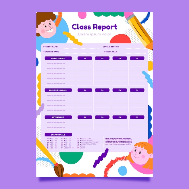 Vector hand drawn school report card template