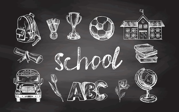 Vector hand drawn school supplies big sketch set on chalkboard background doodle school object collection