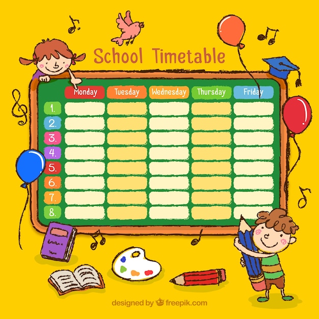 Hand drawn school timetable with drawings