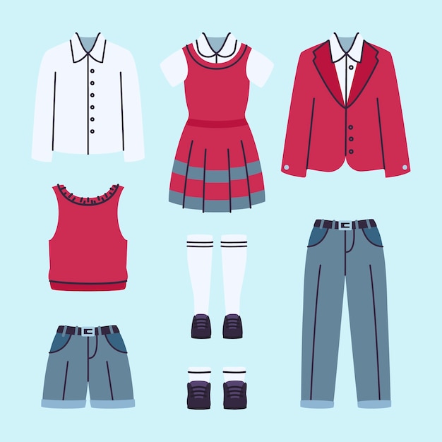 Hand drawn school uniform element collection