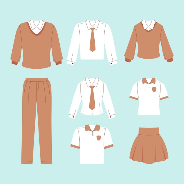 Collezione di elementi dell'uniforme scolastica disegnata a mano