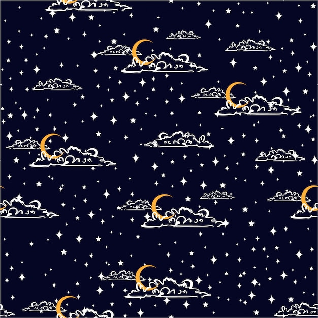 Vector hand drawn scratch style night sky with moon and cloud space, among stars seamless pattern vector, design for fashion, fabric, wallpaper, wrapping and all prints