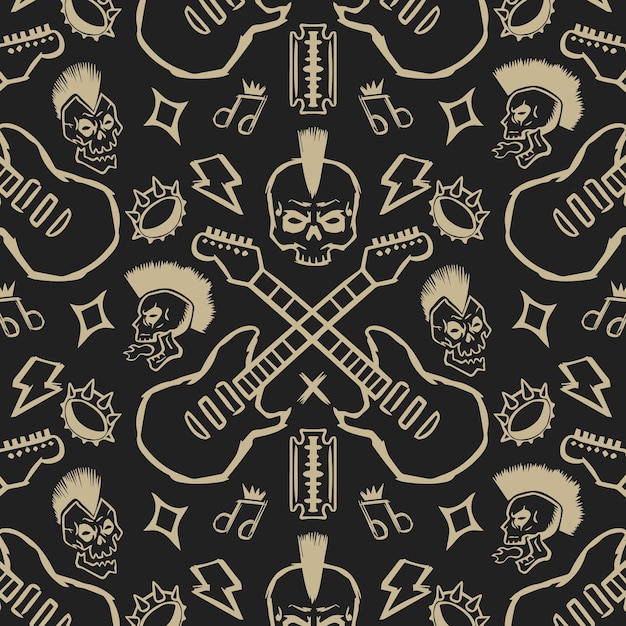 Hand drawn scream punk rock skull head seamless pattern illustration