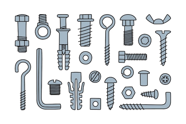 Viti, bulloni, elementi di fissaggio disegnati a mano. bulloni, viti, dadi, tasselli e rivetti in stile scarabocchio. materiale da costruzione disegnato a mano. illustrazione vettoriale isolato su sfondo bianco.