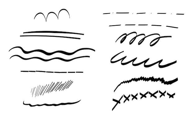 Vettore set di tratti della linea di scarabocchi disegnati a mano evidenziare la sottolineatura e barrare la linea della penna