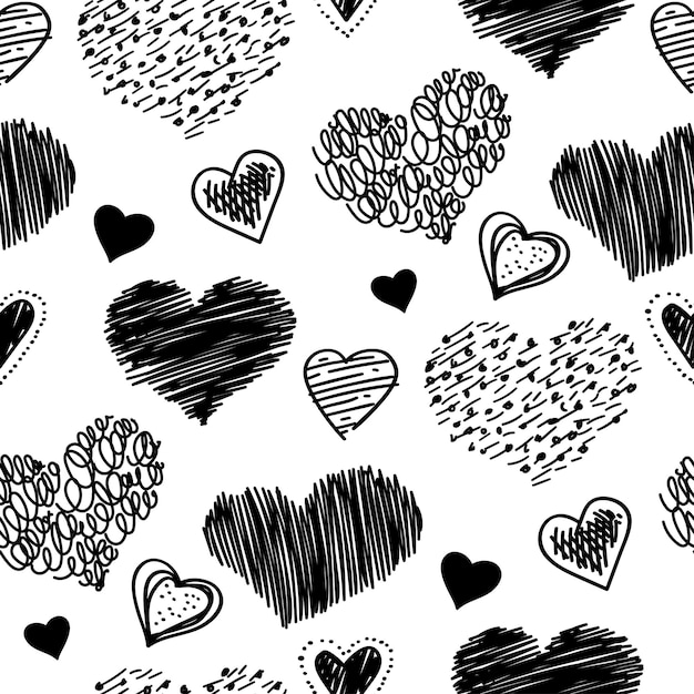 Hand drawn scribble sketch hearts seamless pattern abstract line black