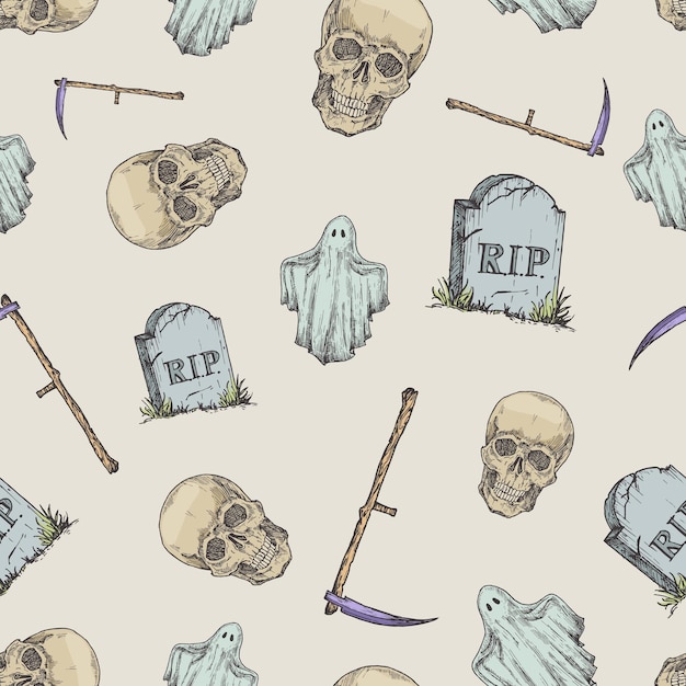 Disegnata a mano scull tomb stone scythe e ghost vector seamless pattern di sfondo halloween celebration greeting sketches card wrapping o cover template