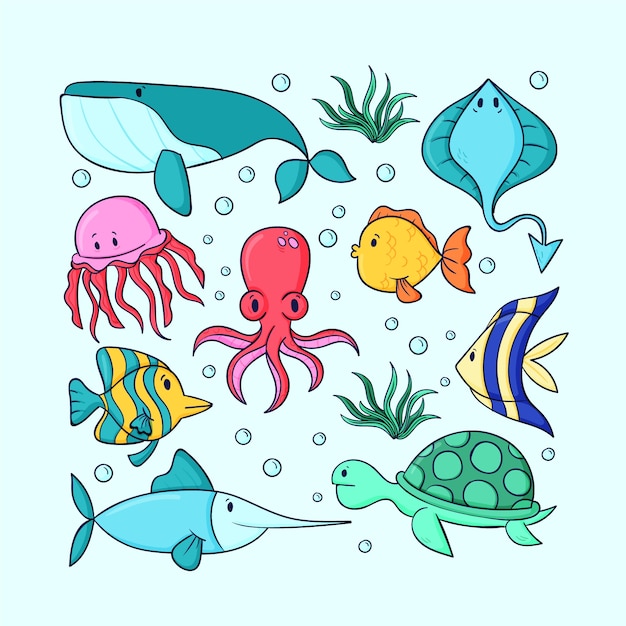 Vector hand drawn sea animals collection