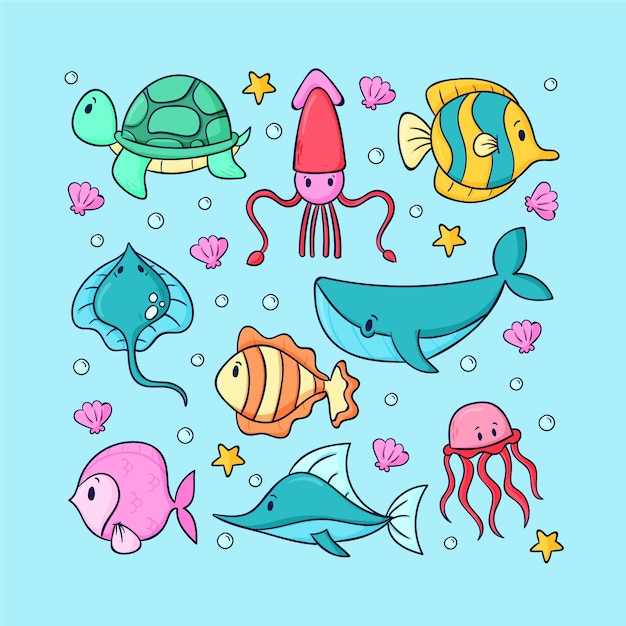 Hand drawn sea animals collection