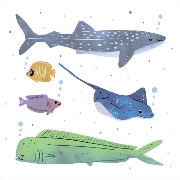 Vector hand drawn sea animals collection