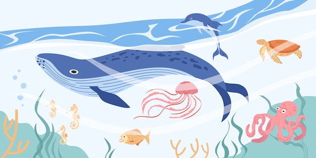 Composizione di animali marini disegnati a mano con una balena sott'acqua