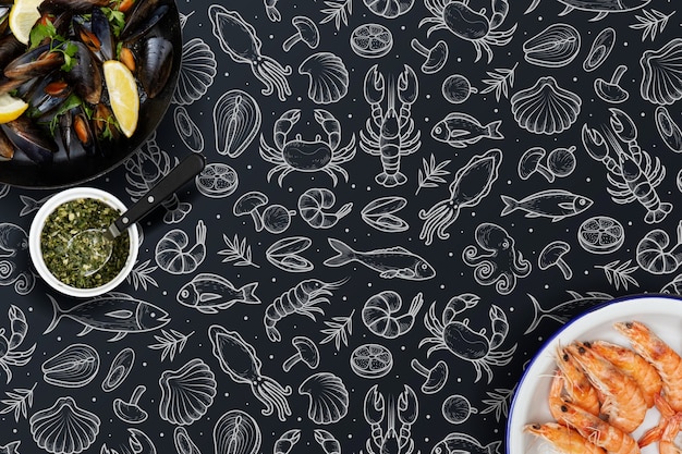 hand drawn sea food pattern background