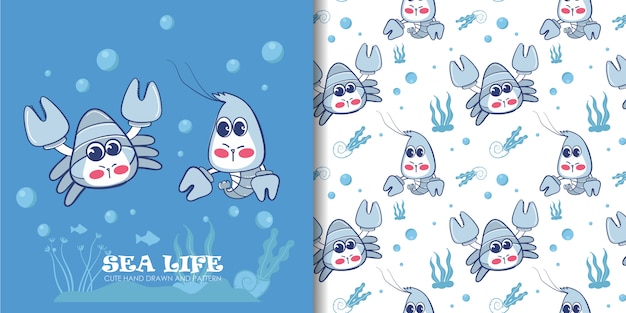 Hand drawn sea life with seamless pattern set