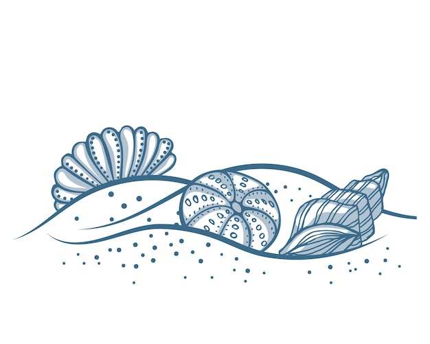 Hand drawn sea shells on the sand illustration of blue seashells on a white background vector