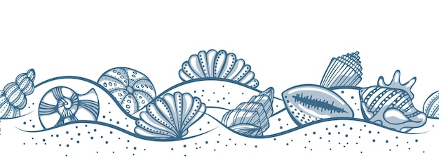 Hand drawn sea shells in the sand seamless pattern border Illustration of blue seashells on a whi