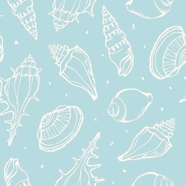 Vector hand drawn sea shells seamless pattern summer marine design with white line on light blue background