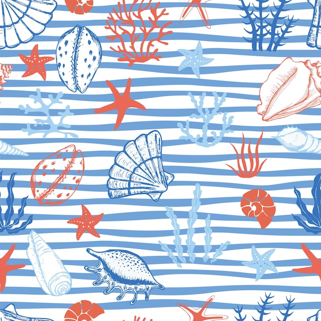 Vector hand drawn sea shells seaweed and stars seamless pattern for fabric