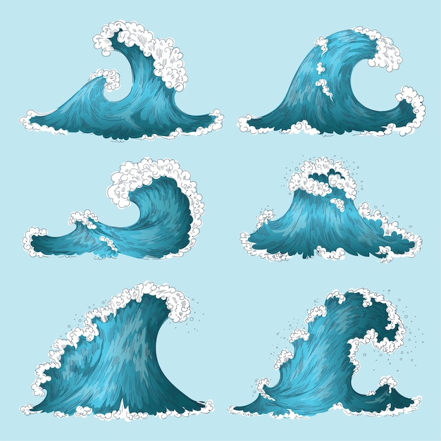 Вектор Рука нарисованные морская волна. мультфильм гравировка волна набор