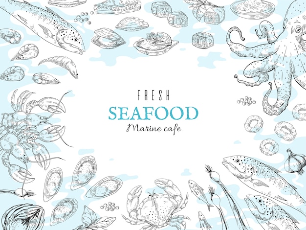 Sfondo di frutti di mare disegnati a mano. illustrazione di schizzo di cibo fresco dell'oceano