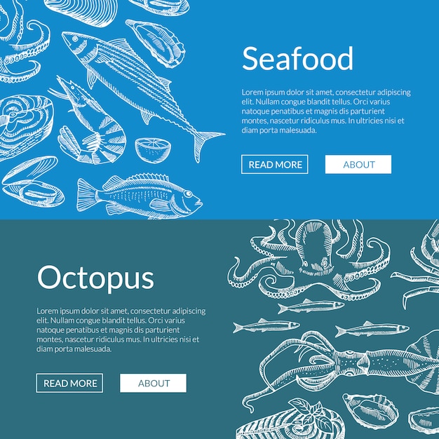 Banner di elementi di frutti di mare disegnati a mano