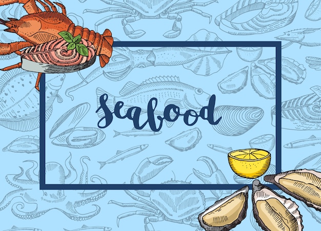 Hand drawn seafood elements incorners