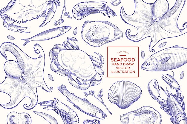 Hand drawn Seafood  Illustration Banner Template Design