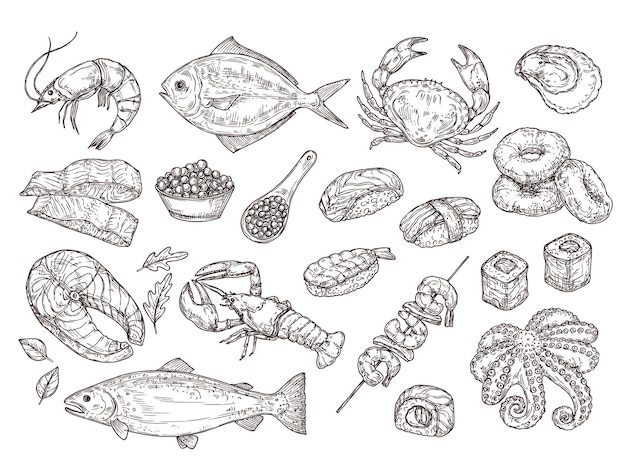 손으로 그린 해산물. 천연 굴 오징어, 캐비어. 일본식 재료