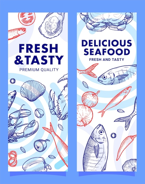 Вектор Нарисованный рукой шаблон баннера иллюстрации ресторана морепродуктов