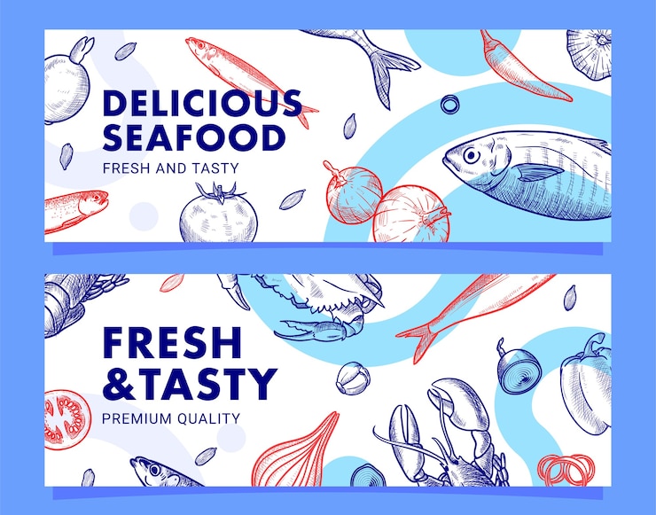 Vector hand drawn seafood restaurant illustration banner template