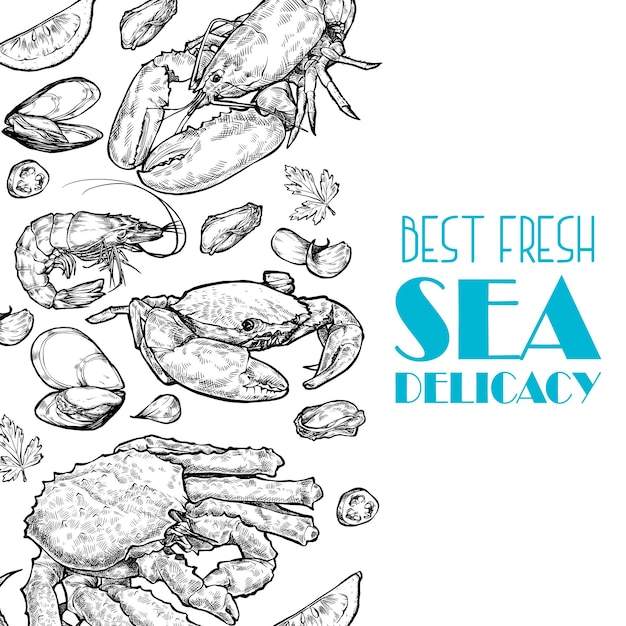 Illustrazione vettoriale di frutti di mare disegnata a mano granchi aragoste gamberetti ostriche cozze caviale e calamari