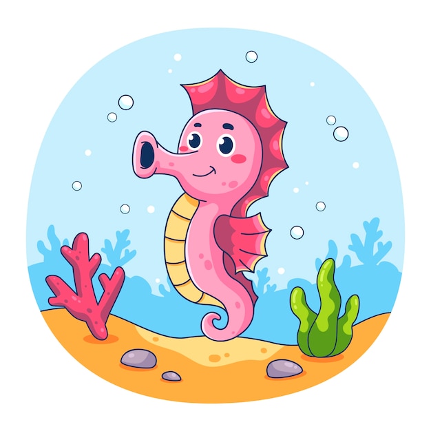 Hand drawn seahorse cartoon illustration