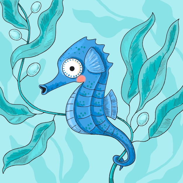 Hand drawn seahorse cartoon illustration