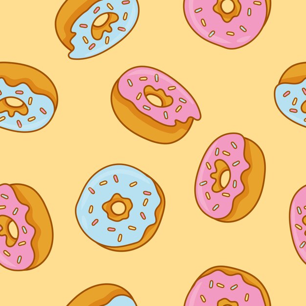 Hand drawn seamless background with donuts and colorful sprinkles on white background