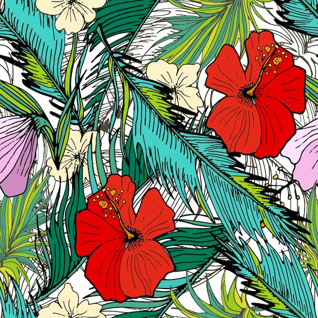 Hand Drawn Seamless Background With Palm Leaves And Tropical Flowers