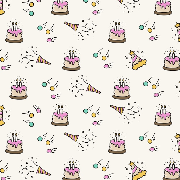 手描きのかわいいケーキ パーティー ハットと紙吹雪のシームレスな誕生日パターン ベクトル図