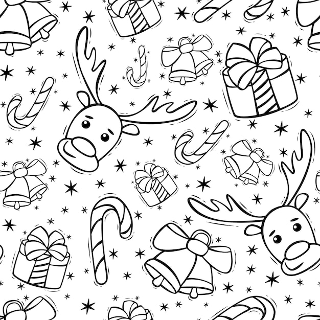 Hand drawn seamless christmas pattern with deer candy cane gift and bells in doodle style