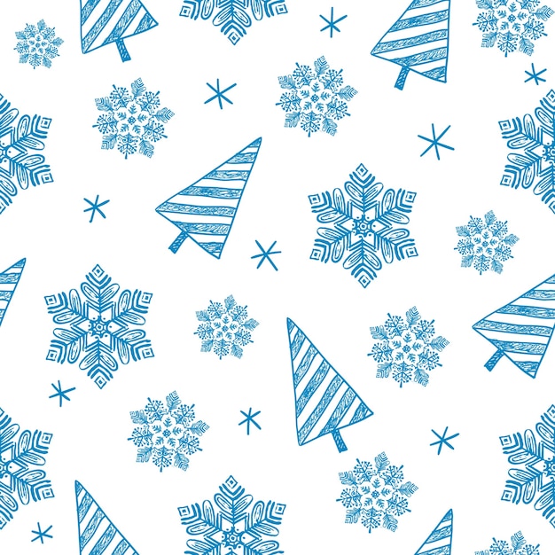 Hand drawn seamless christmas winter pattern, background. snowflakes, christmas trees. blue color